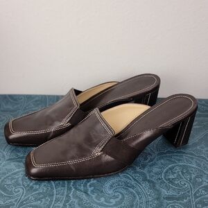 Nordstrom Brown Leather Slip On Mules Block Heel Leather Sole Shoes 8M